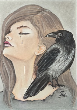 Solza za črnim krilom, pastel, 30x40 cm, 2025, Martina Kozamernik